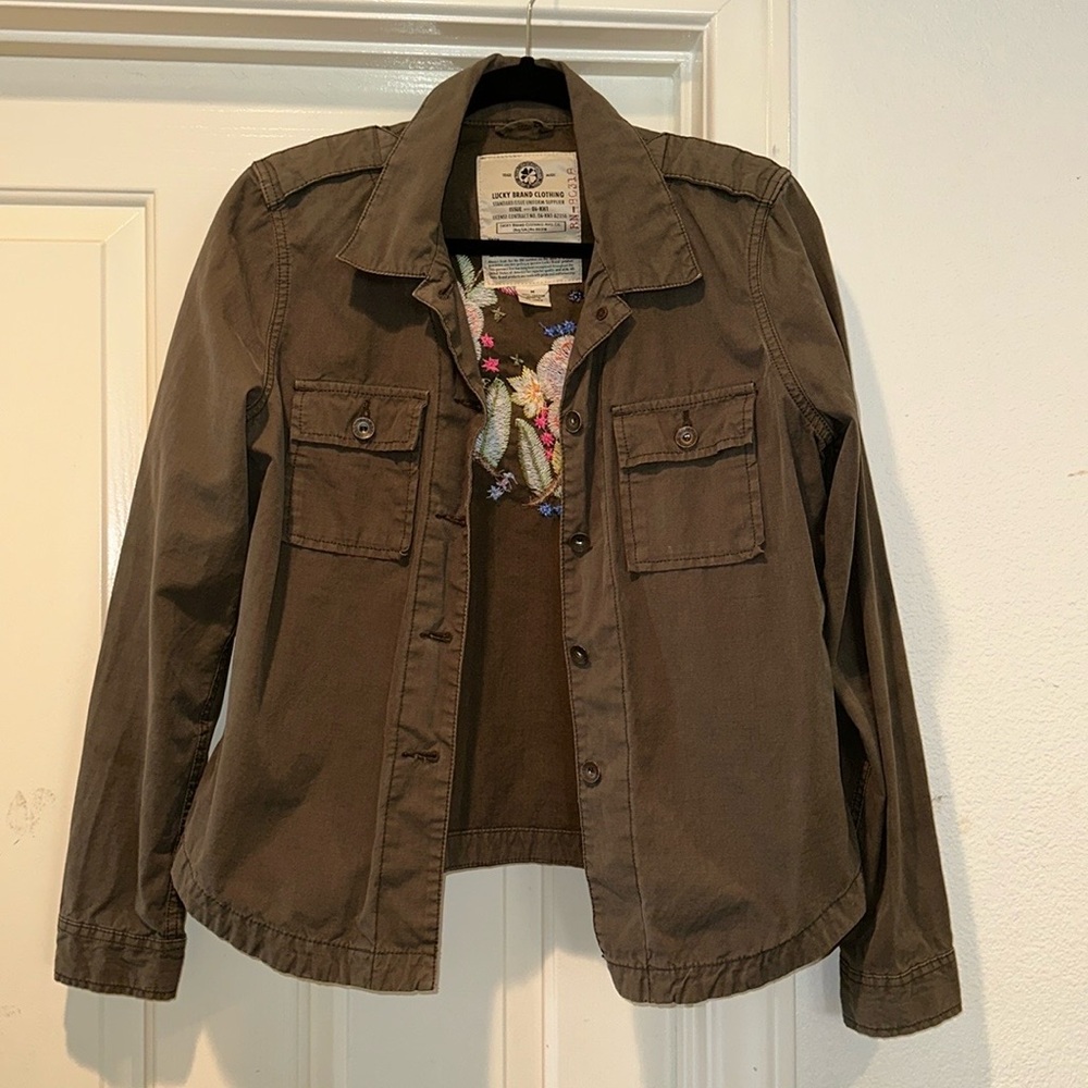 Lucky Brand Olive green Utility Jacket with multicolor embroidery on the back